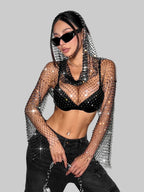 Rhinestone Mesh Hooded Crop Top - Sheer Fishnet Long Sleeve for Stage & Festival