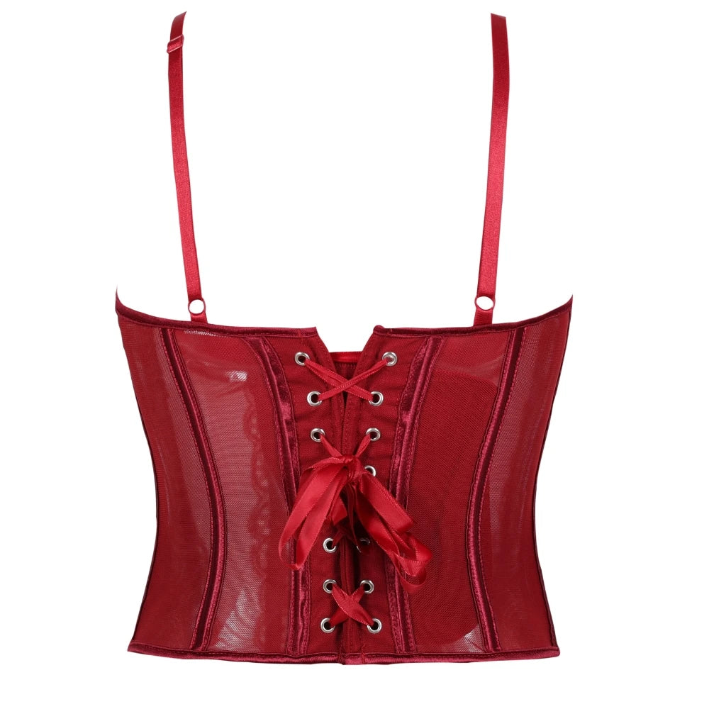 Wine Red Lace Mesh Bustier | Front Hook | Waist Cincher