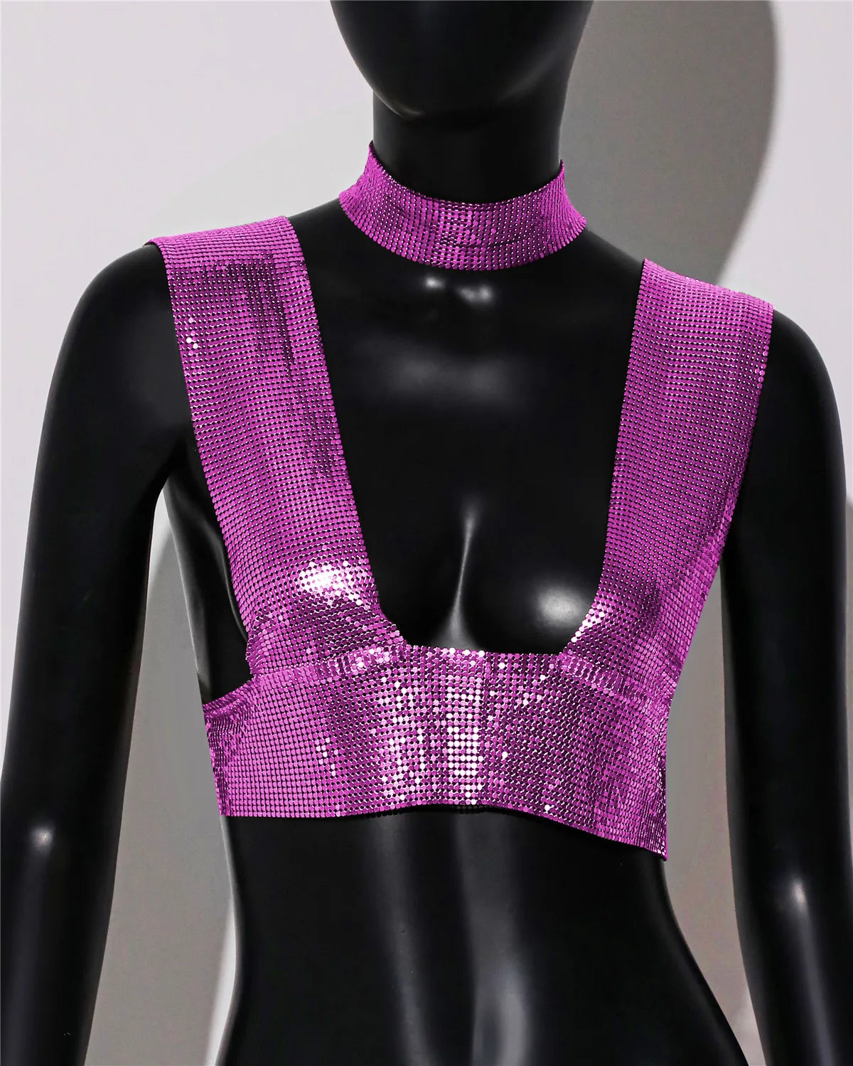Sequin Choker Crop Top - Backless V-Neck Performance Cami