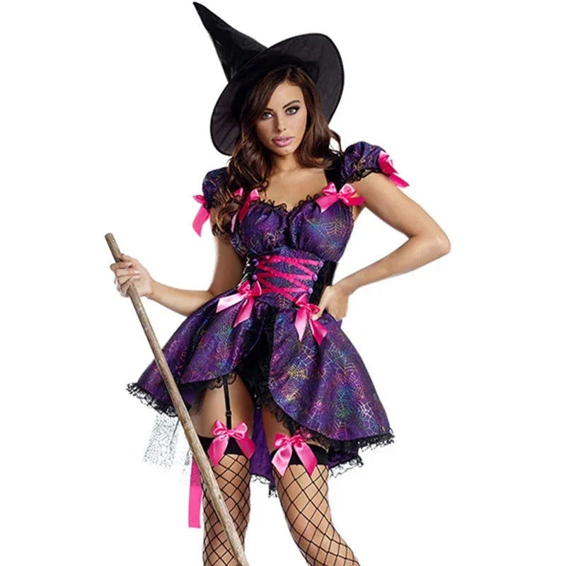 Purple Witch Costume Set | Dress, Hat & Mesh Socks | Halloween