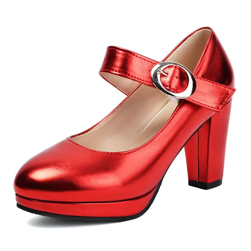 Shiny Mary Jane Platform Pumps | Buckle Strap | 8.5cm Square Heel | EU 32–48