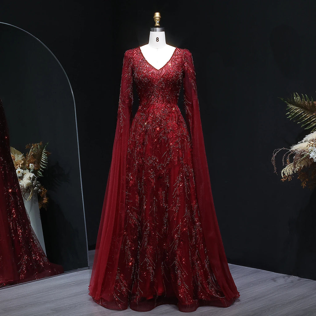 Beaded Wine Red A-Line Gown | V-Neck Cap Sleeve | Sweep Train