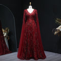 Beaded Wine Red A-Line Gown | V-Neck Cap Sleeve | Sweep Train