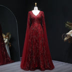 Beaded Wine Red A-Line Gown | V-Neck Cap Sleeve | Sweep Train