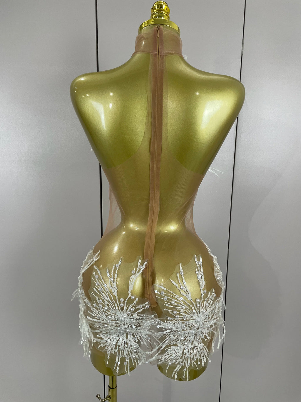 Pearl Starburst Mesh Mini Dress | 3D Appliqué | Stage & Performance