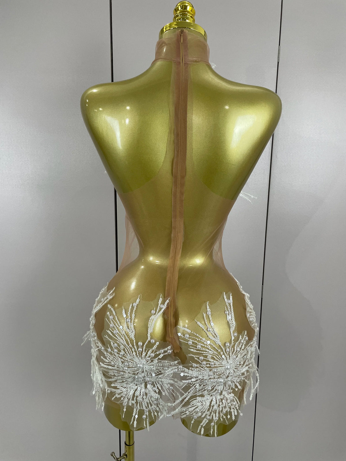 Pearl Starburst Mesh Mini Dress | 3D Appliqué | Stage & Performance