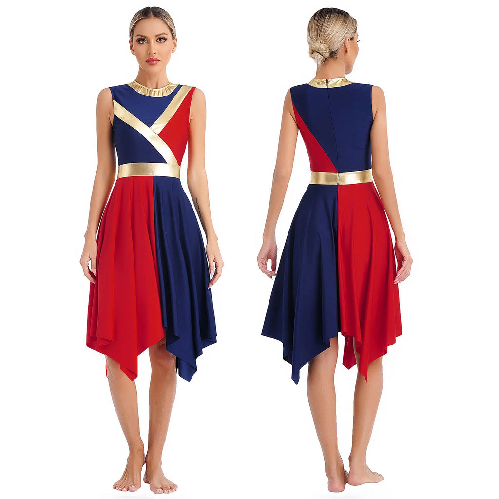 Color-Block Lyrical Dance Dress | Metallic Waist | Asymmetrical Hem | Sleeveless