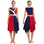 Color-Block Lyrical Dance Dress | Metallic Waist | Asymmetrical Hem | Sleeveless