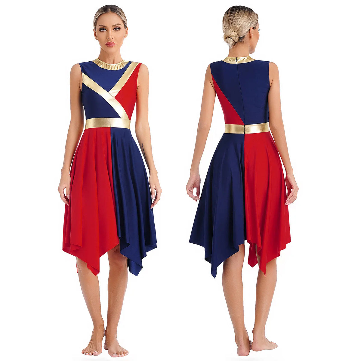 Color-Block Lyrical Dance Dress | Metallic Waist | Asymmetrical Hem | Sleeveless