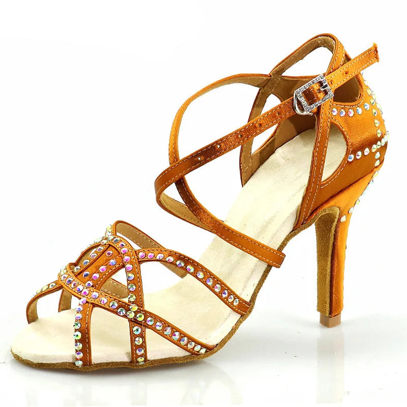 Bronze Rhinestone Latin Dance Heels | Satin | 5–10cm
