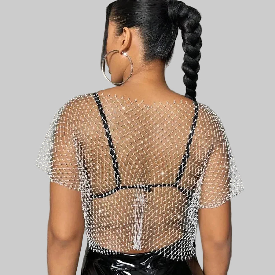 Rhinestone Fishnet Plaid T-Shirt - Sheer Bikini Cover-Up