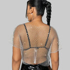 Rhinestone Fishnet Plaid T-Shirt - Sheer Bikini Cover-Up