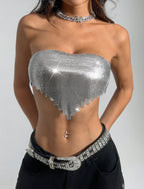 Metal Sequin Backless Bandage Crop Top - Strapless Party Top
