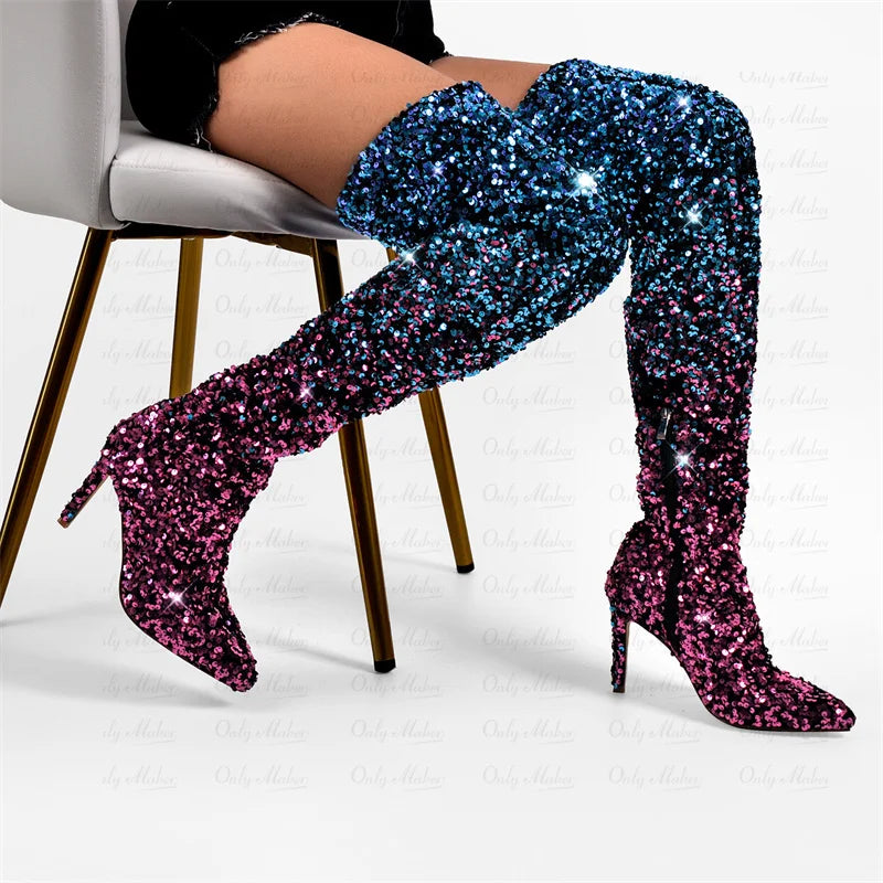 Thigh-High Sequin Boots | Gradient Glitter | Stiletto Heel