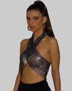 Diamond Fishnet Halter Top - Rhinestone Backless Performance Cami