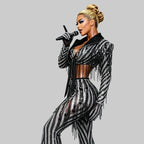 Black & White Stripes Tassel Flared Pants Coat – 2 Piece Stage Outfit