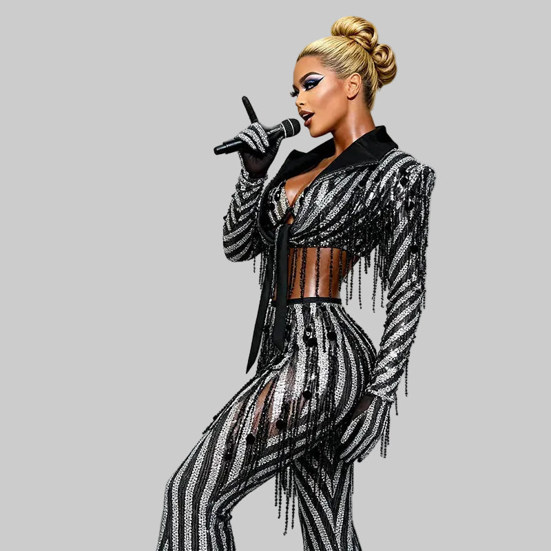 Black & White Stripes Tassel Flared Pants Coat – 2 Piece Stage Outfit
