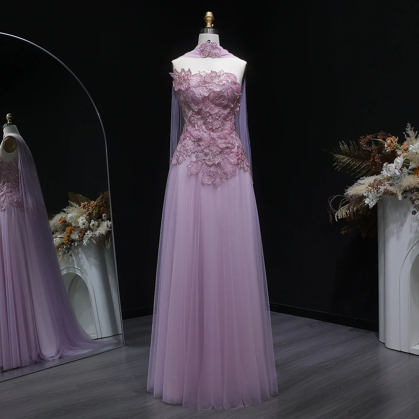 Appliqué Beaded A-Line Gown | Strapless | Scarf Overlay