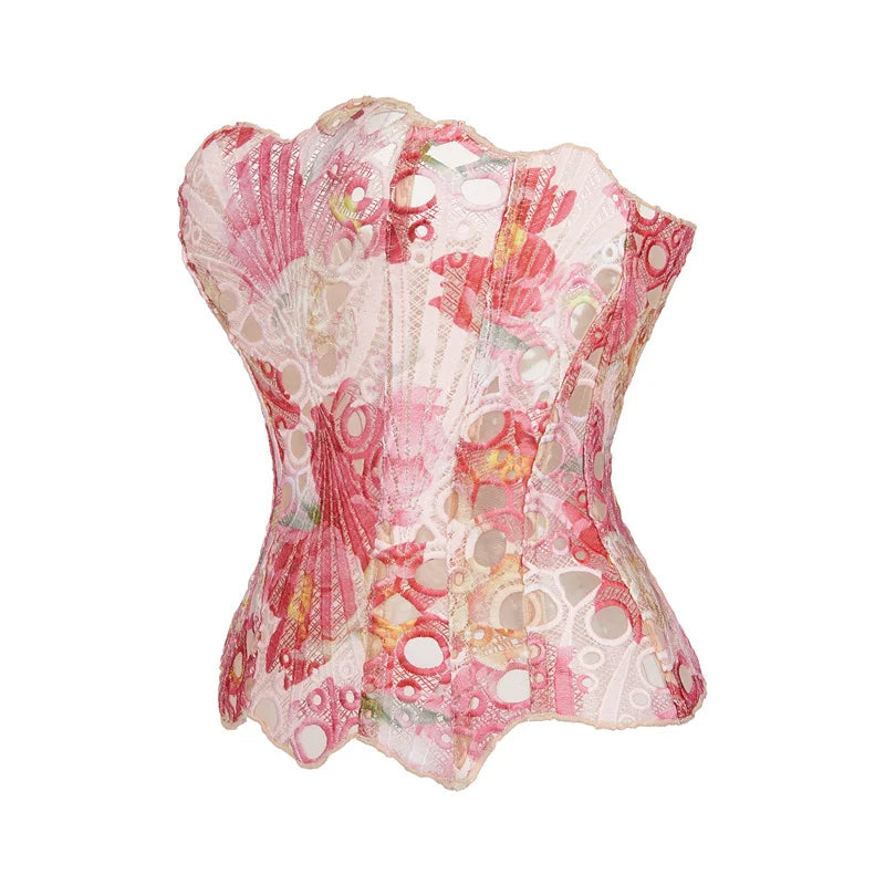 Floral Overbust Corset | Double-Layer Lace Hem | Vintage