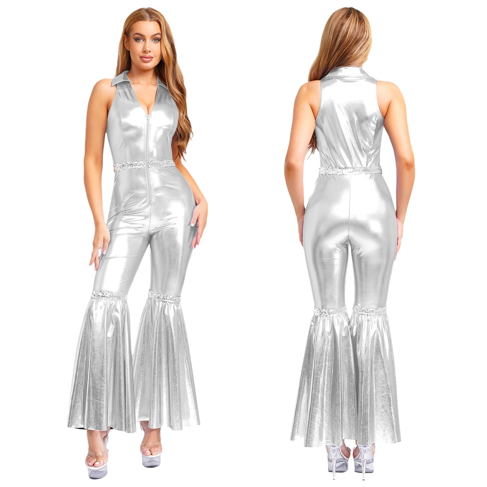 Women's Sequin Jumpsuit | Sleeveless V-Neck | 70s Disco