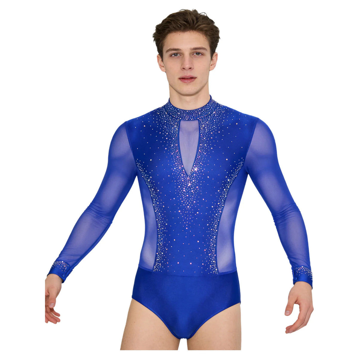 Men's Latin Dance Leotard | Deep V-Neck & Sheer Mesh | Rhinestone & Tassels