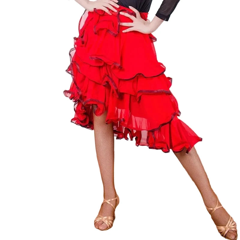 Multi-Tier Ruffle Latin Skirt | Competition & Practice | Red & Black