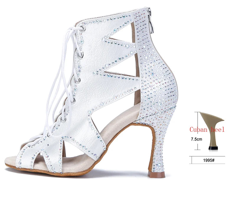 Rhinestone Lace-Up Latin Dance Booties | Black, Red, White & Nude | 6–9cm Heel