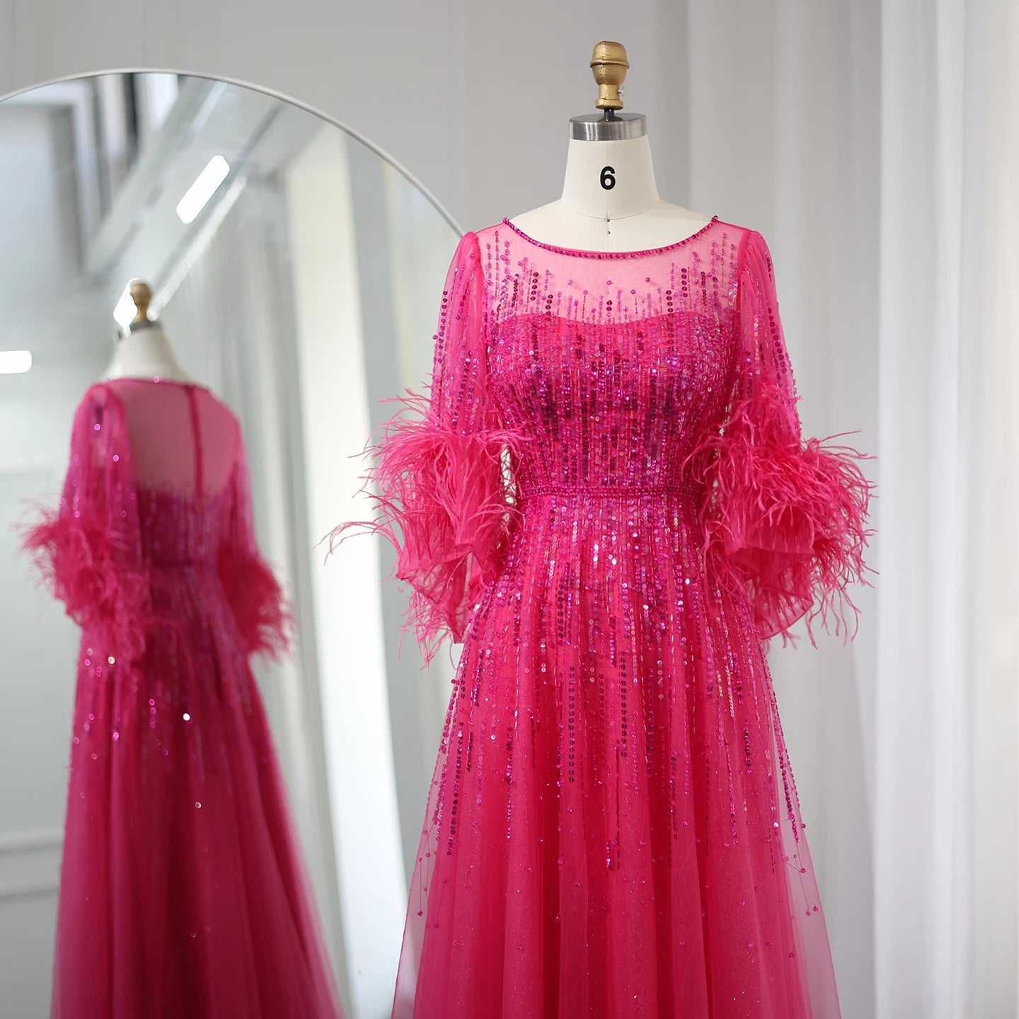 Sequin Feather Cuff Gown | Crystal Beaded | Black & Fuchsia