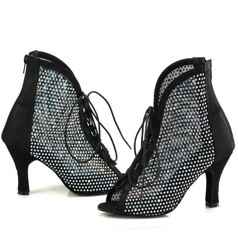 Rhinestone Latin Dance Boots | Black Mesh & Satin | Cuban Heel