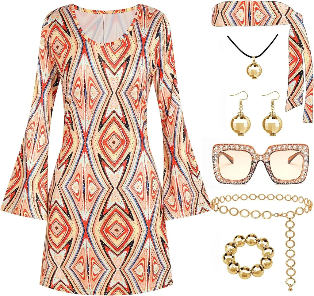 70s Disco Dress Set | 7-Piece Costume | Flare Sleeve