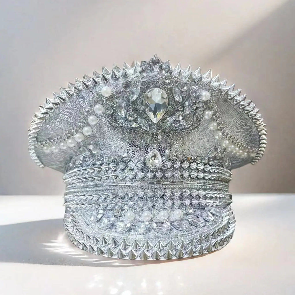 Crystal Rhinestone Captain Hat | Steampunk Pearl | Silver