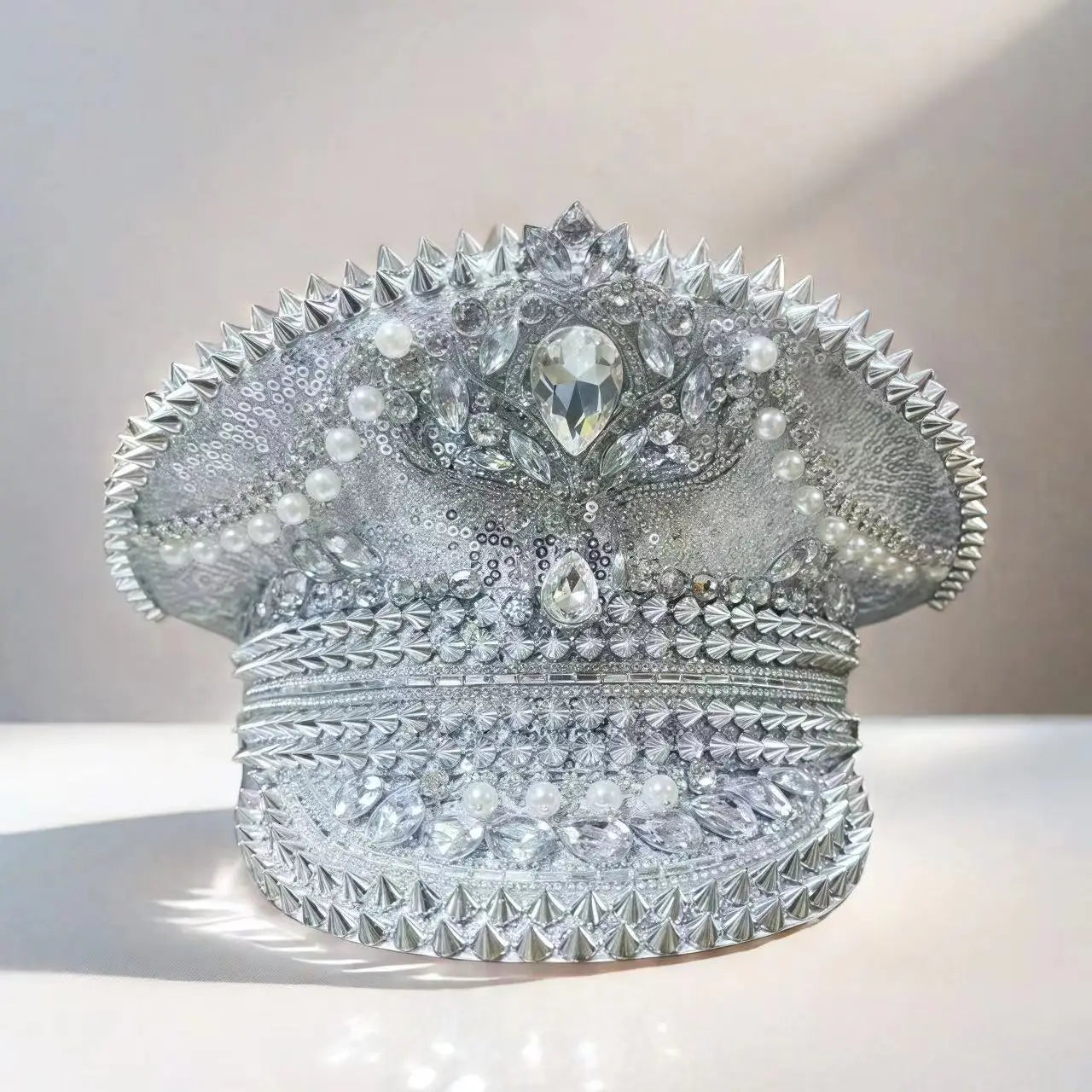 Crystal Rhinestone Captain Hat | Steampunk Pearl | Silver