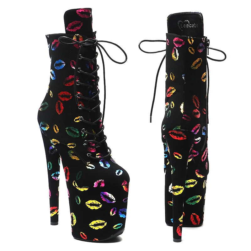 Lip Print Platform Ankle Boots - 8 Inch Fashion Pole Dance Boots