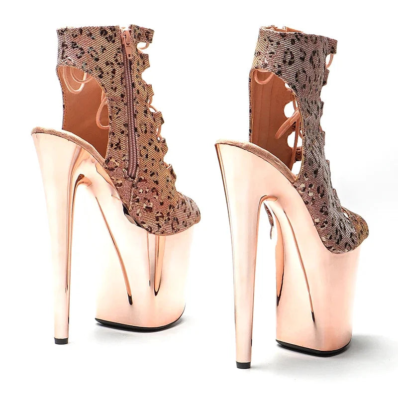 20cm Leopard Platform Pole Dancing Ankle Boots - 8 Inch High Heels