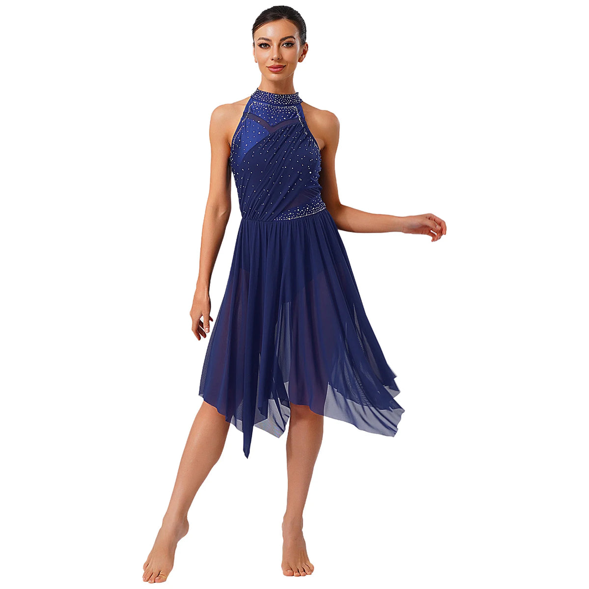 Women's Rhinestone Halter Lyrical Dance Dress | Irregular Mesh Ruffle Hem | Competition & Performance