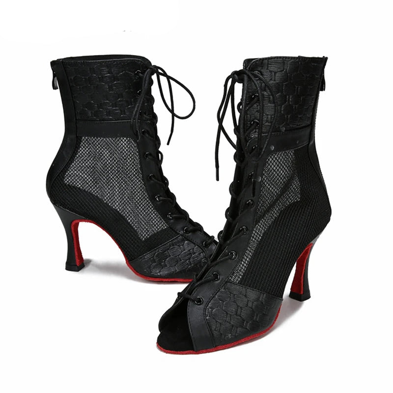 Mesh Lace-Up Latin Dance Ankle Boot | Cuban Heel | 7.5–9cm | Black