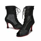 Mesh Lace-Up Latin Dance Ankle Boot | Cuban Heel | 7.5–9cm | Black