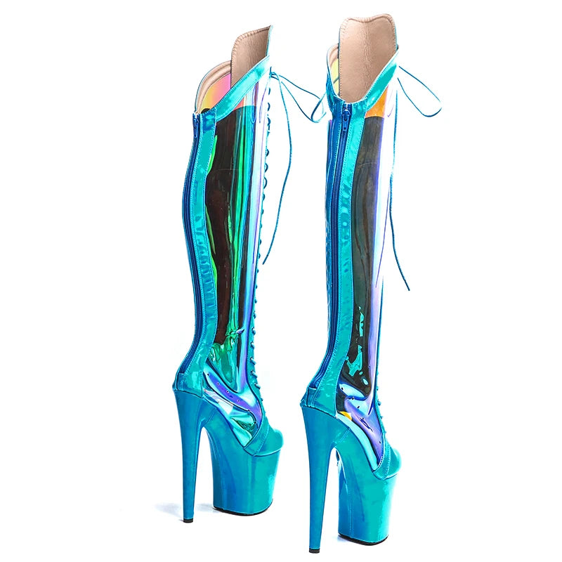 8-Inch Holographic Thigh-High Boots - Lace-Up Dance Boots