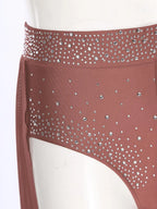 Rhinestone Mesh Dance Skirt | Asymmetric Hem | Built-In Briefs