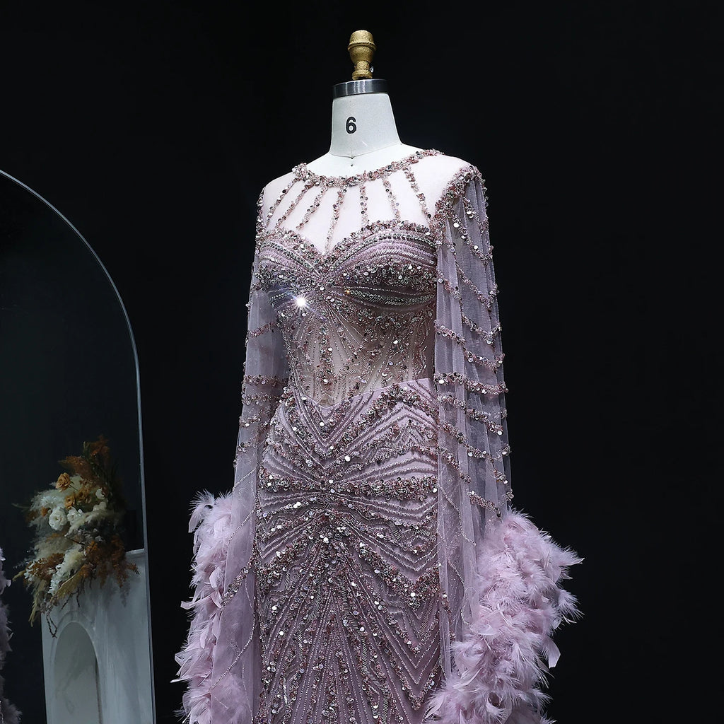 Beaded Mermaid Gown | Feather Cape Sleeves | Caramel & Pink