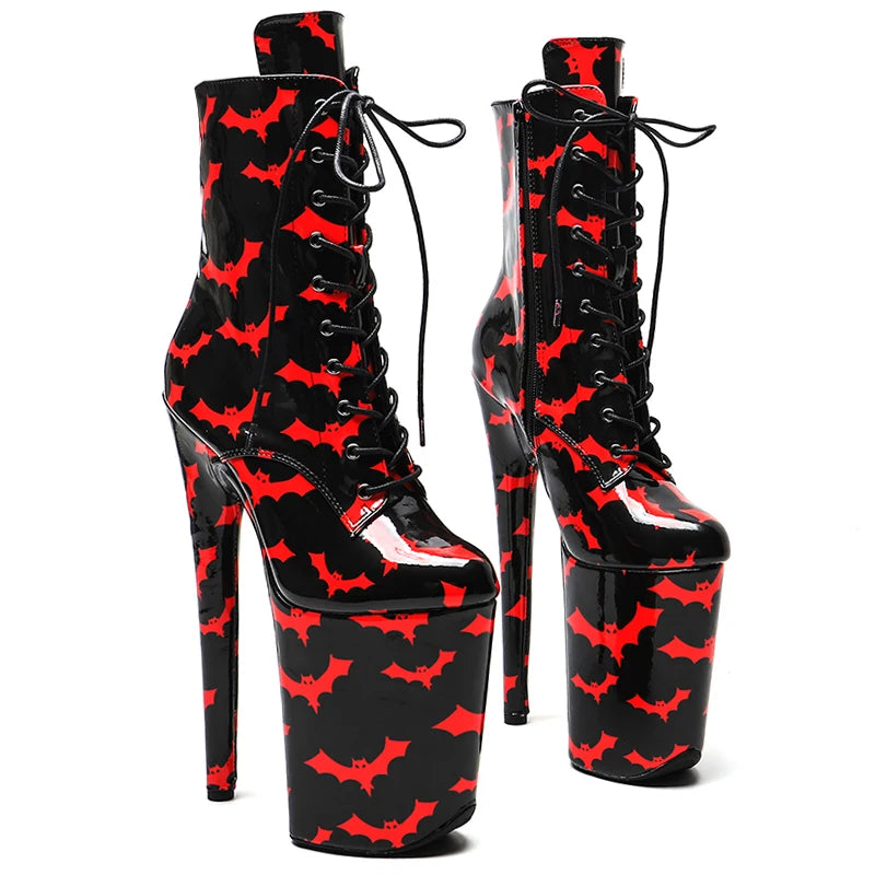 9-Inch Bat Pattern Platform Boots - Patent Ankle Dance Boots