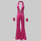 70s Disco Bell-Bottom Jumpsuit - Deep V-Neck Performance Bodysuit