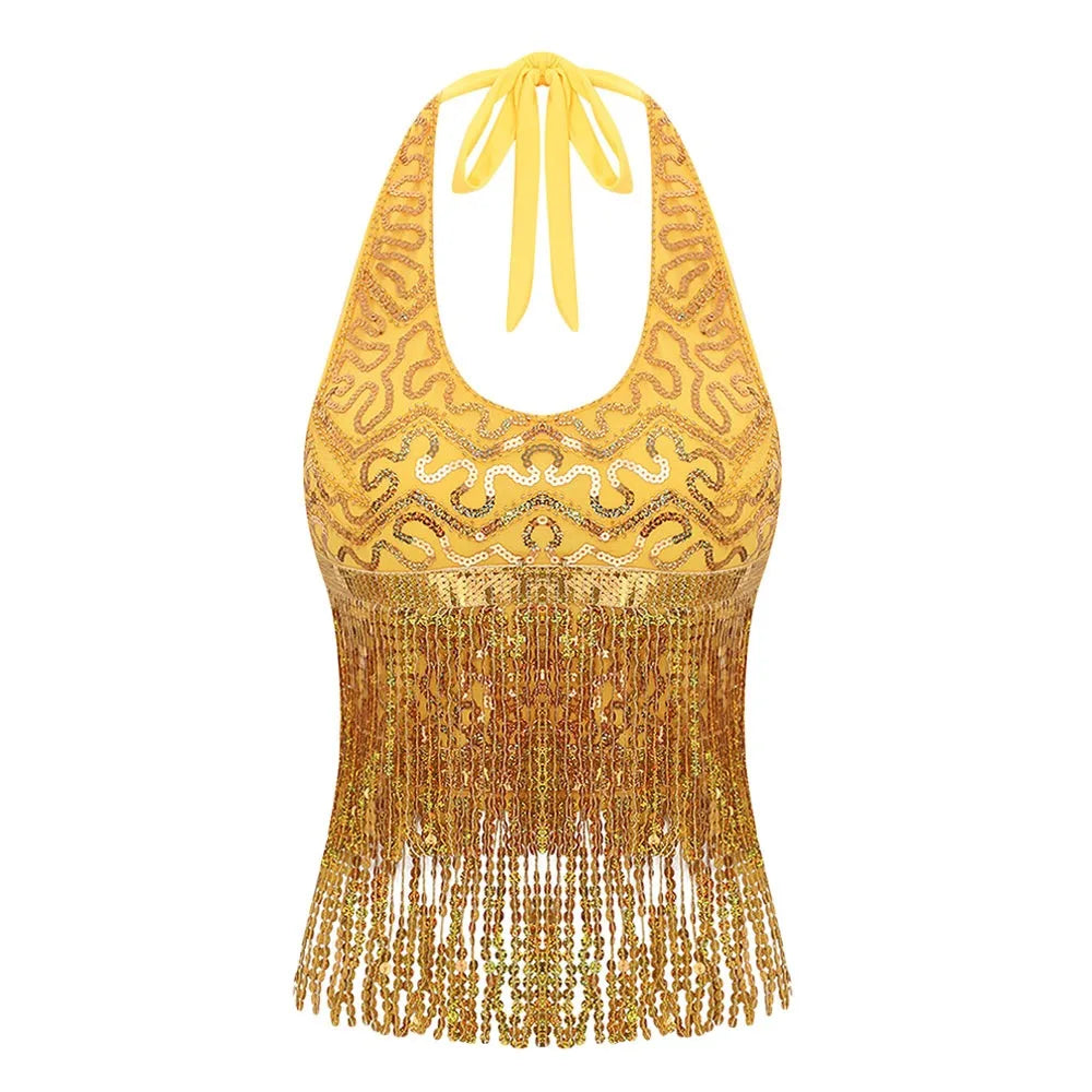 Sequin Fringe Halter Belly Dance Top | Built-In Pads | Festival & Stage | One Size