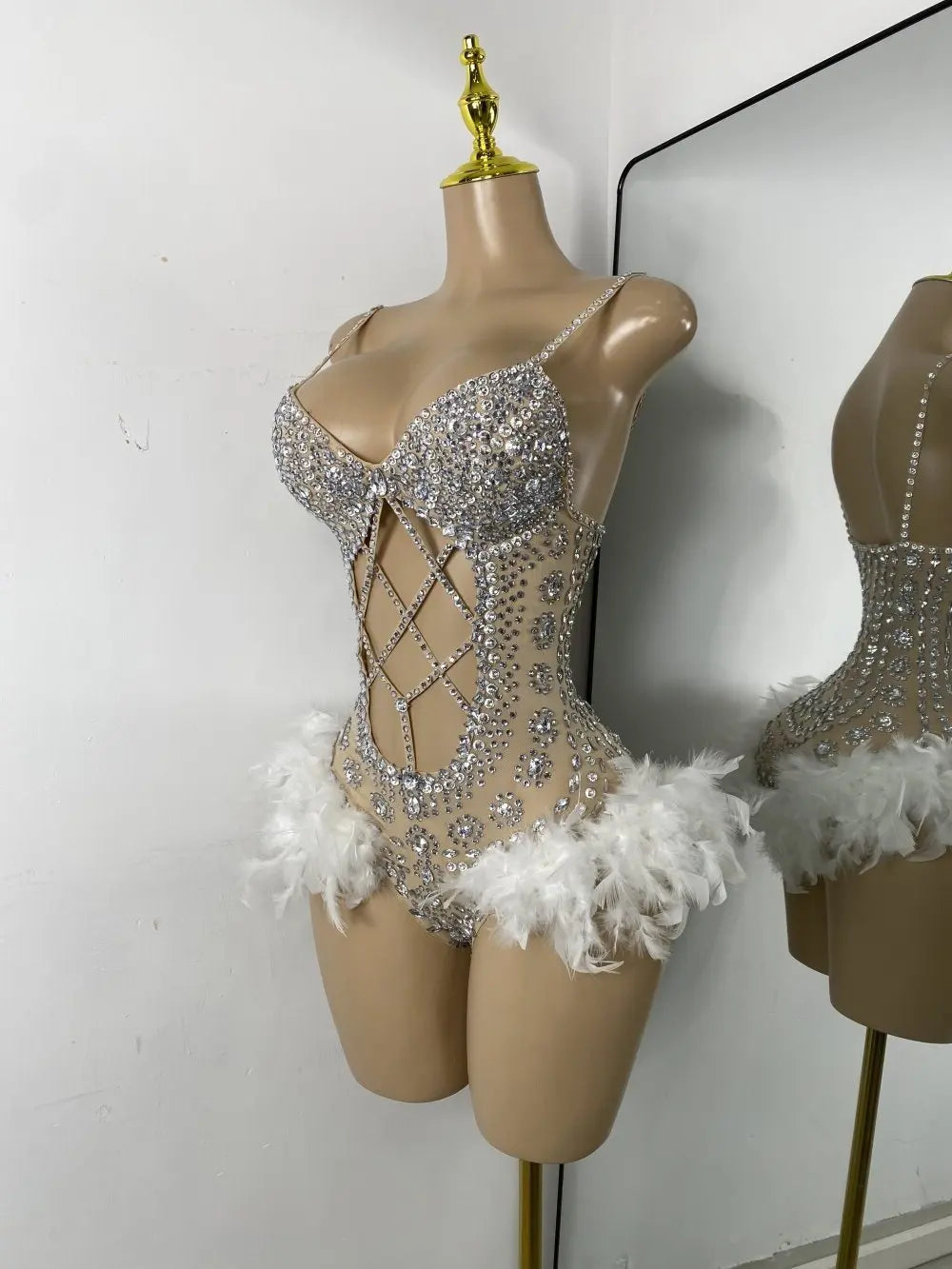 Rhinestone Bodysuit | Feather-Trimmed Hips