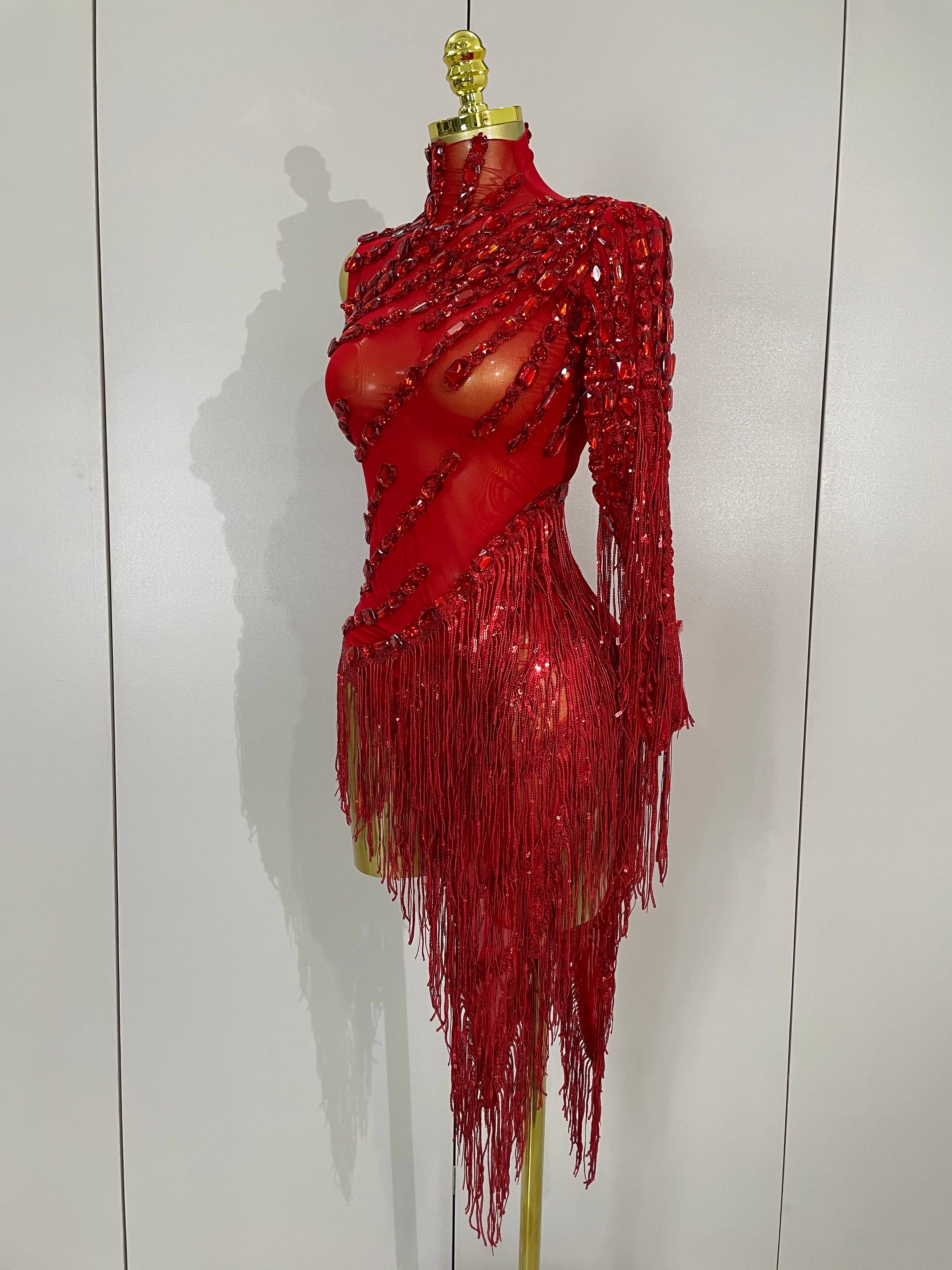 Rhinestone Tassel One-Shoulder Mini Dress | Sheer Mesh | Red, Black & Gold