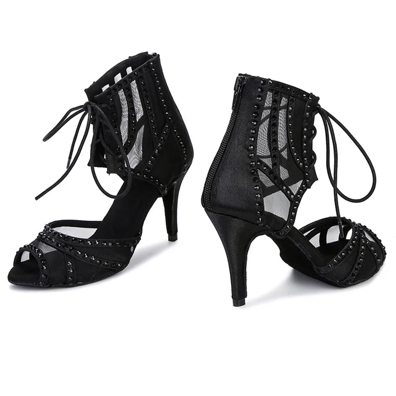 Women's Rhinestone Latin Dance Heels | Mesh & Satin | Stiletto