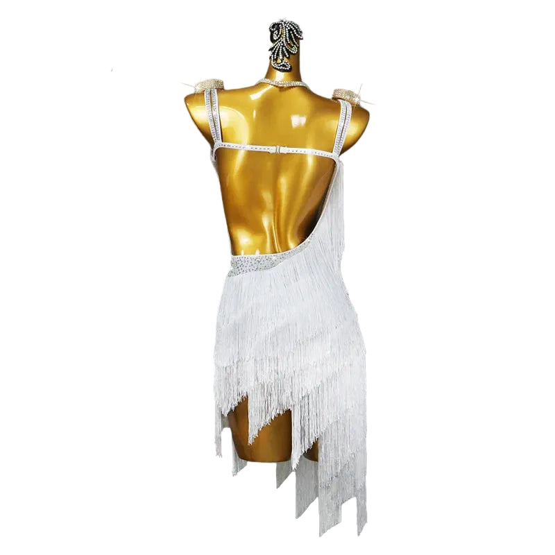 Crystal Tassel Latin Dance Dress with Accessories Set — White