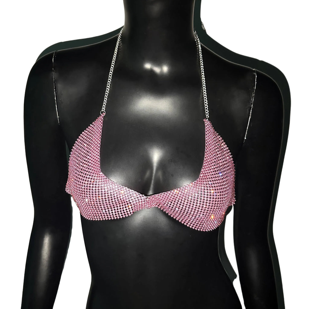 Rhinestone Metal V-Neck Halter Crop Top