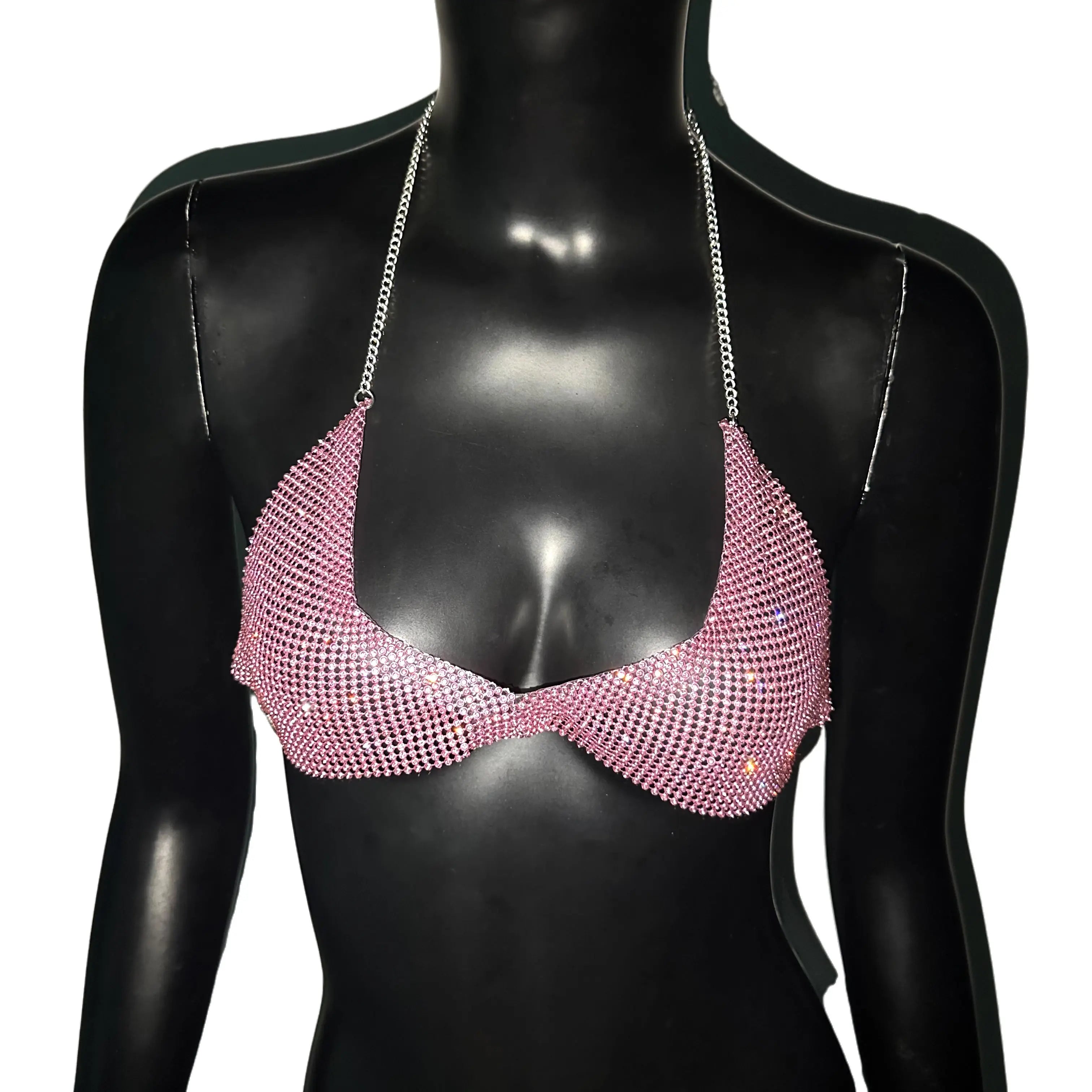 Rhinestone Metal V-Neck Halter Crop Top