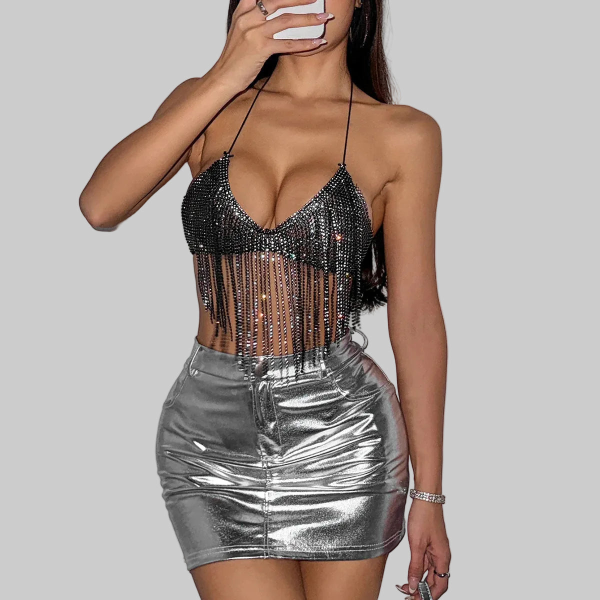 Rhinestone Tassel Bandage Halter Crop Top - Backless Tank